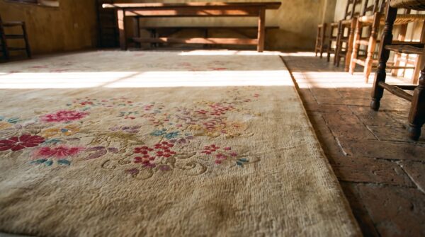 Ivory antique wool floral chinese art deco hand knotted pile rug 7 Ivory antique wool floral chinese art deco hand knotted pile rug (sku 21765) - in-room detail