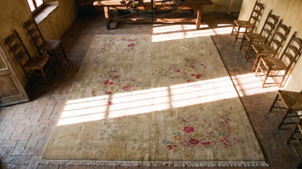 Ivory antique wool floral chinese art deco hand knotted pile rug 2 Ivory antique wool floral chinese art deco hand knotted pile rug (sku 21765) - styled overhead view