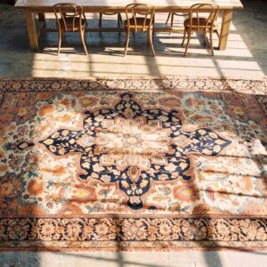 Ivory Antique Floral Medallion Design Small Persian Sarouk Farahan Rug (SKU 20764) - styled overhead view