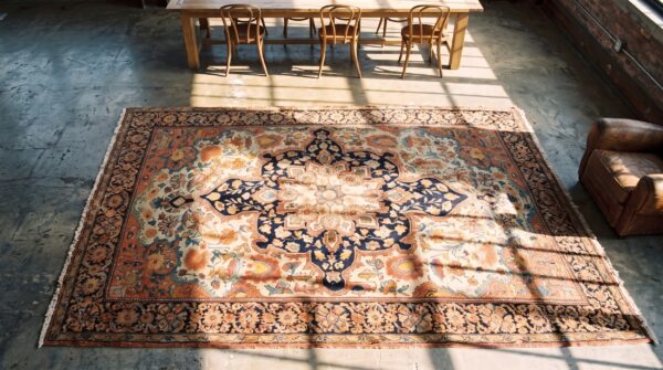 Ivory antique floral medallion design small persian sarouk farahan rug 2 Ivory antique floral medallion design small persian sarouk farahan rug (sku 20764) - styled overhead view
