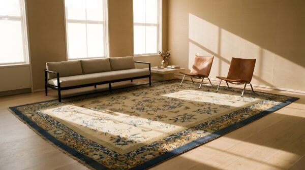 Ivory floral antique room size chinese wool pile hand knotted rug 2 Ivory floral antique room size chinese wool pile hand knotted rug (sku 24401) - styled overhead view