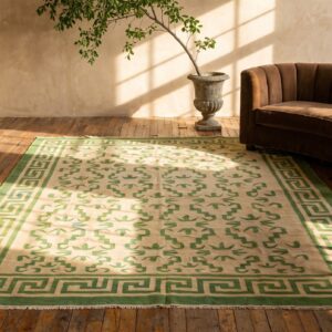 Ivory and Green Antique Indian Flat Woven Allover Geometric Dhurrie Rug (SKU 21549) - room view