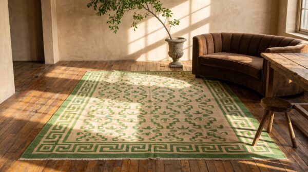 Ivory and green antique indian flat woven allover geometric dhurrie rug 6 Ivory and green antique indian flat woven allover geometric dhurrie rug (sku 21549) - room view