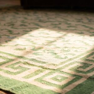 Ivory and Green Antique Indian Flat Woven Allover Geometric Dhurrie Rug (SKU 21549) - in-room detail