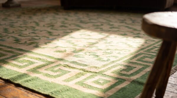 Ivory and green antique indian flat woven allover geometric dhurrie rug 7 Ivory and green antique indian flat woven allover geometric dhurrie rug (sku 21549) - in-room detail