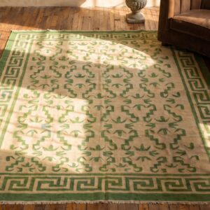 Ivory and Green Antique Indian Flat Woven Allover Geometric Dhurrie Rug (SKU 21549) - styled overhead view