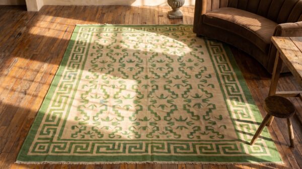 Ivory and green antique indian flat woven allover geometric dhurrie rug 2 Ivory and green antique indian flat woven allover geometric dhurrie rug (sku 21549) - styled overhead view