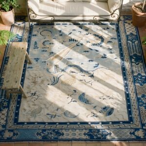Antique Ivory Hallway Runner Wool Chinese - Peking 1890s Knotted Rectangle Rug (SKU 23464) - styled overhead view