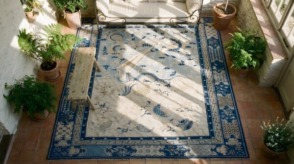 Antique ivory hallway runner wool chinese - peking 1890s knotted rectangle rug (sku 23464) - styled overhead view
