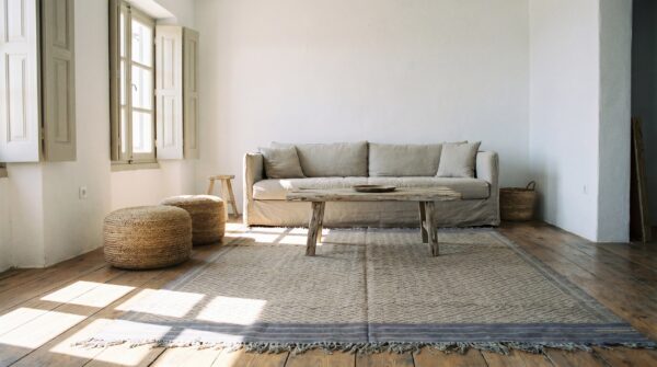 Ivory antique indian geometric trellis lattice design cotton dhurrie rug 9 Ivory antique indian geometric trellis lattice design cotton dhurrie rug (sku 21749) - room view