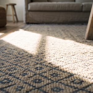 Ivory Antique Indian Geometric Trellis Lattice Design Cotton Dhurrie Rug (SKU 21749) - in-room detail