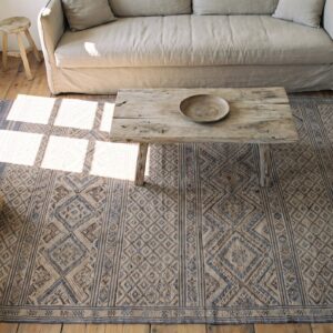 Ivory Antique Indian Geometric Trellis Lattice Design Cotton Dhurrie Rug (SKU 21749) - styled overhead view