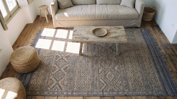 Ivory antique indian geometric trellis lattice design cotton dhurrie rug 2 Ivory antique indian geometric trellis lattice design cotton dhurrie rug (sku 21749) - styled overhead view