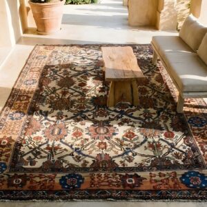 Ivory Antique Large Scale Allover Design Persian Bakhtiari Rug (SKU 25507) - styled overhead view
