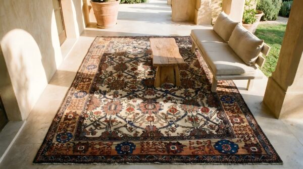 Ivory antique large scale allover design persian bakhtiari rug (sku 25507) - styled overhead view