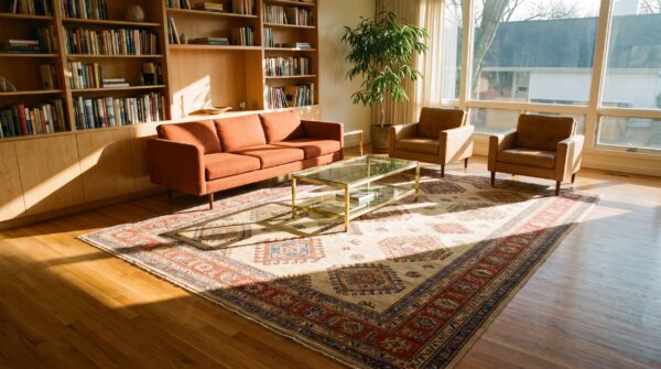 Ivory large scale primitive tribal pattern antique persian bakshaish rug (sku 24481) - room view