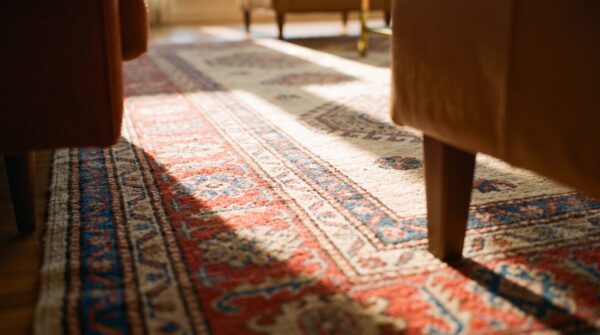 Ivory large scale primitive tribal pattern antique persian bakshaish rug (sku 24481) - in-room detail