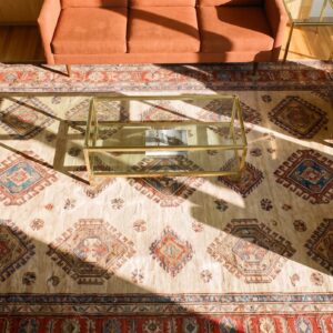 Ivory Large Scale Primitive Tribal Pattern Antique Persian Bakshaish Rug (SKU 24481) - styled overhead view