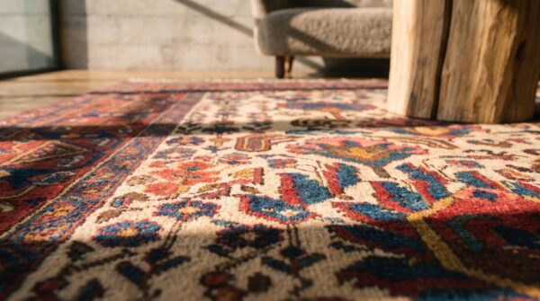 Ivory large scale tribal pattern antique persian afshar small scatter size rug 10 Ivory large scale tribal pattern antique persian afshar small scatter size rug (sku 19384) - in-room detail