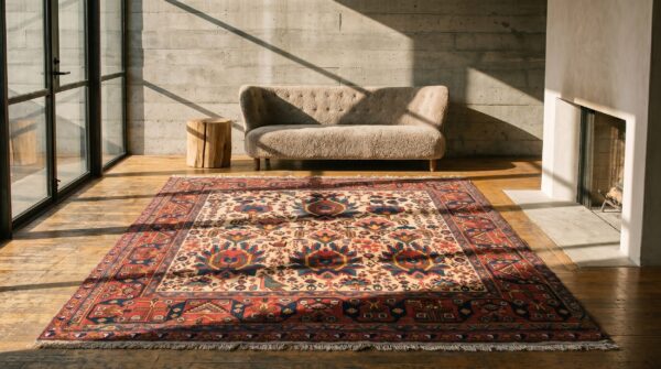 Ivory large scale tribal pattern antique persian afshar small scatter size rug 2 Ivory large scale tribal pattern antique persian afshar small scatter size rug (sku 19384) - styled overhead view