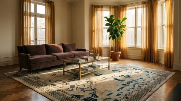Ivory antique late 19th century square chinese peking dragon carpet 9 Ivory antique late 19th century square chinese peking dragon carpet (sku 21654) - room view