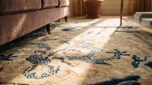 Ivory antique late 19th century square chinese peking dragon carpet 10 Ivory antique late 19th century square chinese peking dragon carpet (sku 21654) - in-room detail