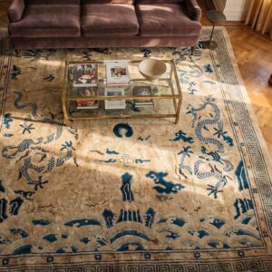 Ivory Antique Late 19th Century Square Chinese Peking Dragon Carpet (SKU 21654) - styled overhead view