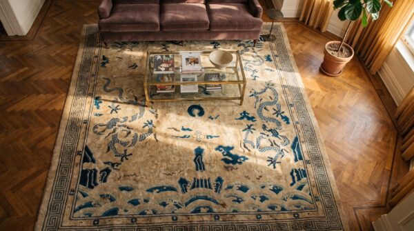 Ivory antique late 19th century square chinese peking dragon carpet 2 Ivory antique late 19th century square chinese peking dragon carpet (sku 21654) - styled overhead view