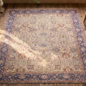 Ivory and Light Blue Fine Allover Floral Design Persian Antique Tabriz Rug (SKU 19949) - styled overhead view