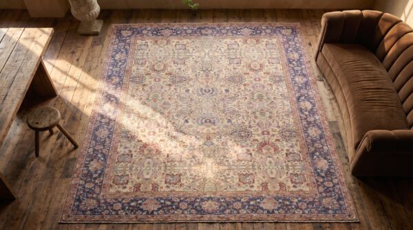 Ivory and light blue fine allover floral design persian antique tabriz rug 2 Ivory and light blue fine allover floral design persian antique tabriz rug (sku 19949) - styled overhead view