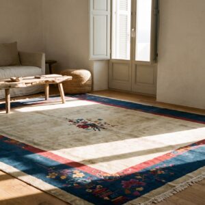 Ivory and Light Blue Antique Room Size Chinese Art Deco Rug (SKU 22611) - room view