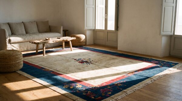 Ivory and light blue antique room size chinese art deco rug 6 Ivory and light blue antique room size chinese art deco rug (sku 22611) - room view