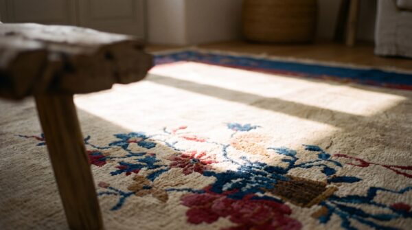 Ivory and light blue antique room size chinese art deco rug 7 Ivory and light blue antique room size chinese art deco rug (sku 22611) - in-room detail