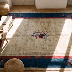 Ivory and Light Blue Antique Room Size Chinese Art Deco Rug (SKU 22611) - styled overhead view
