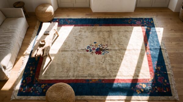 Ivory and light blue antique room size chinese art deco rug 2 Ivory and light blue antique room size chinese art deco rug (sku 22611) - styled overhead view