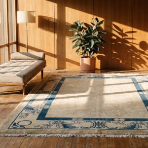 Ivory Minimalist Solid Open Field Antique Chinese Dragon Peking Rug (SKU 22808) - room view
