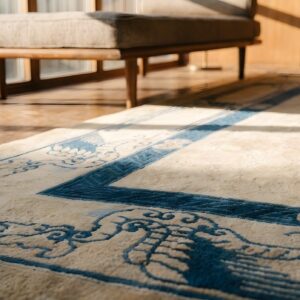 Ivory Minimalist Solid Open Field Antique Chinese Dragon Peking Rug (SKU 22808) - in-room detail