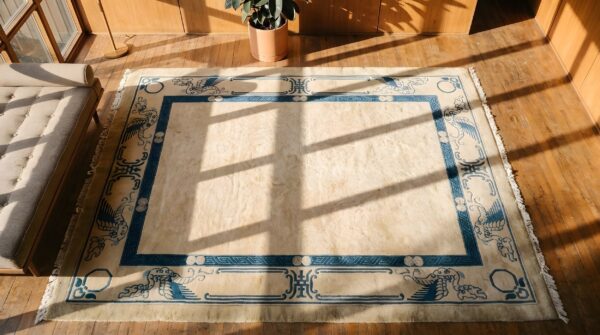 Ivory minimalist solid open field antique chinese dragon peking rug 2 Ivory minimalist solid open field antique chinese dragon peking rug (sku 22808) - styled overhead view