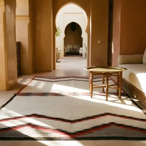 Ivory Minimalist Tribal Design Antique Native American Flatweave Navajo Rug (SKU 21706) - room view