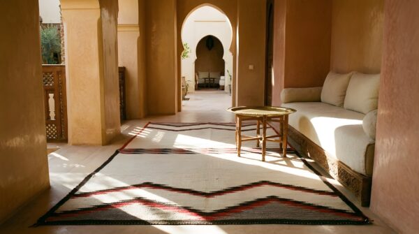 Ivory minimalist tribal design antique native american flatweave navajo rug 10 Ivory minimalist tribal design antique native american flatweave navajo rug (sku 21706) - room view