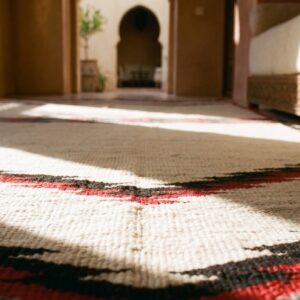 Ivory Minimalist Tribal Design Antique Native American Flatweave Navajo Rug (SKU 21706) - in-room detail