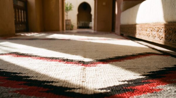 Ivory minimalist tribal design antique native american flatweave navajo rug 11 Ivory minimalist tribal design antique native american flatweave navajo rug (sku 21706) - in-room detail