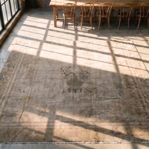 Antique Ivory Minimalist Vase Pattern Square Chinese Peking Rug (SKU 19995) - styled overhead view