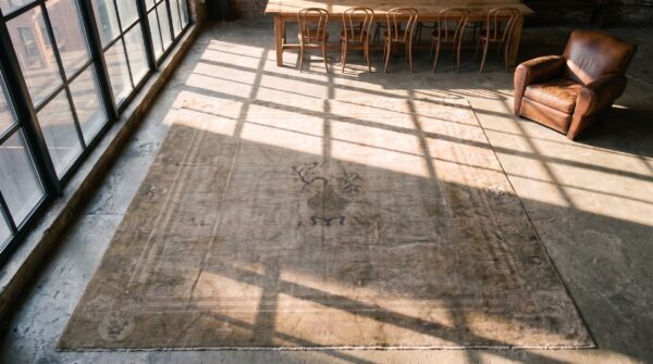 Antique ivory minimalist vase pattern square chinese peking rug 2 Antique ivory minimalist vase pattern square chinese peking rug (sku 19995) - styled overhead view