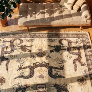 Ivory Antique Mongolian Dragon Design Room Size Chinese Carpet (SKU 19655) - styled overhead view