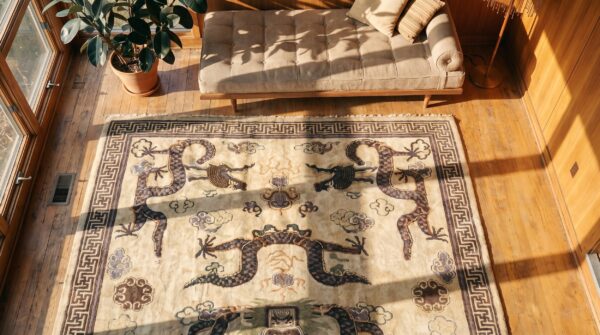 Ivory antique mongolian dragon design room size chinese carpet (sku 19655) - styled overhead view