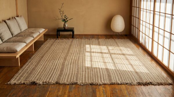 Antique ivory northwest persian flat weave neutral stripes square kilim rug 9 Antique ivory northwest persian flat weave neutral stripes square kilim rug (sku 19540) - room view