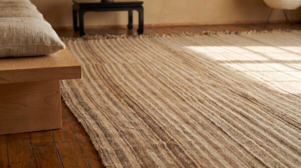 Antique ivory northwest persian flat weave neutral stripes square kilim rug 10 Antique ivory northwest persian flat weave neutral stripes square kilim rug (sku 19540) - in-room detail