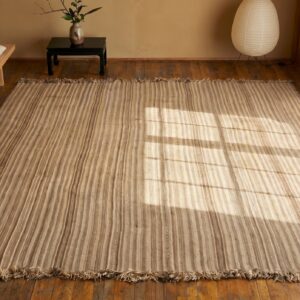 Antique Ivory Northwest Persian Flat Weave Neutral Stripes Square Kilim Rug (SKU 19540) - styled overhead view