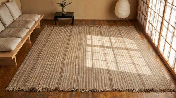 Antique ivory northwest persian flat weave neutral stripes square kilim rug 2 Antique ivory northwest persian flat weave neutral stripes square kilim rug (sku 19540) - styled overhead view